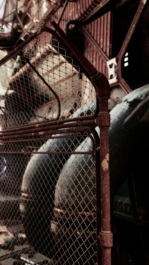 Rusty pipes behind a chain link fence at an old industrial site during the day Stock Footage 339417691