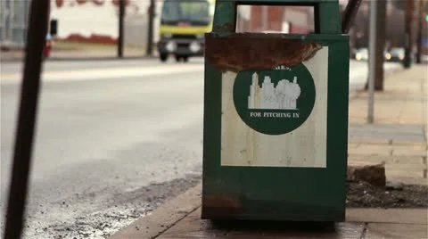 Rusty Public Garbage Can with Sign Video stock 22241883