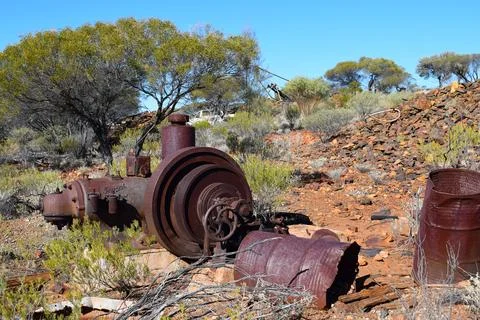 Rusty Pulley Engine, Abandoned Gold Mine Foto stock