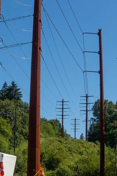 Rusty pylons in the electrical grid of Bellevue, Washington. Stock Photos