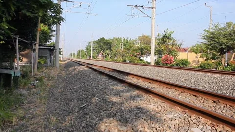 Rusty railroad tracks rarely used by trains Stock Footage 281204722