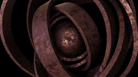 Rusty rings rotating around aged metal sphere looping 3D animation with alpha Stock Footage 194399847