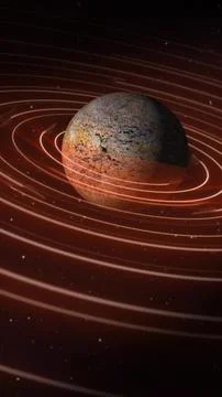 Rusty, rocky planet with surface texture, surrounded by glowing orbital rings Illustrazione stock