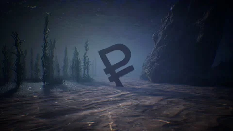 The rusty Russian ruble symbol underwater. 3D animation 4K 60 FPS. Stock Footage 199267735