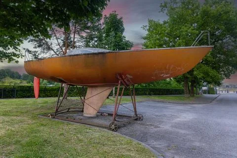 Rusty Sailboat Hull On Display Stand Stock Photos