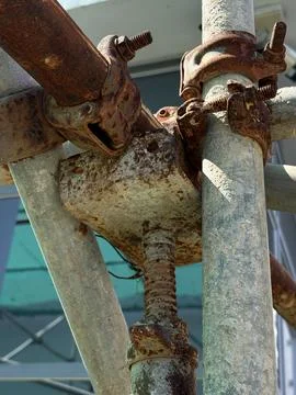 Rusty scaffolding support held together with ties Stock Photos