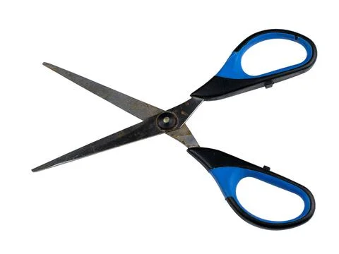 Rusty scissors, blue black handle isolated white background with clipping path Stock Photos