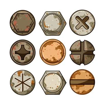 Rusty screw head set cartoon vector illustration Stock Illustration