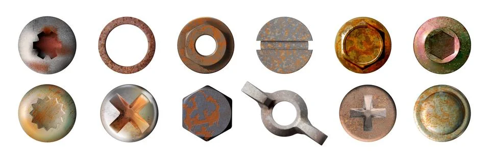 Rusty screw. Nail bolt head. Old metal rust. Top of iron nut tool. Grunge steel Stock Illustration