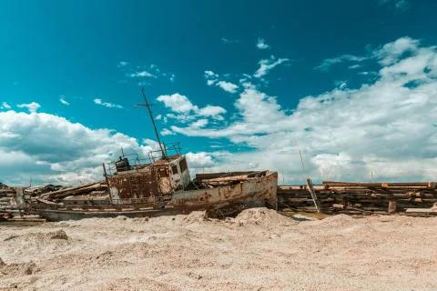 Rusty ship on the beach Stock Photos