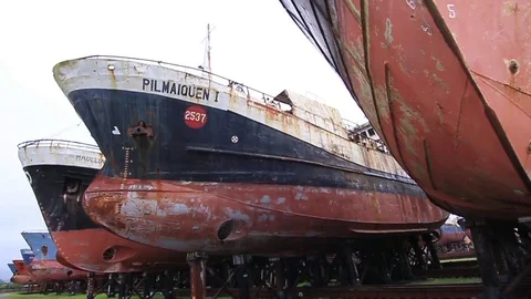 Rusty ships in seaport Stock Footage 77044717