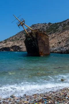 The rusty shipwreck of the Amorgos from a closer view Stock Photos