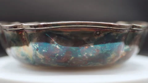 Rusty silver bowl as an object of flatware decoration, vintage crockery Stock Footage 149525349