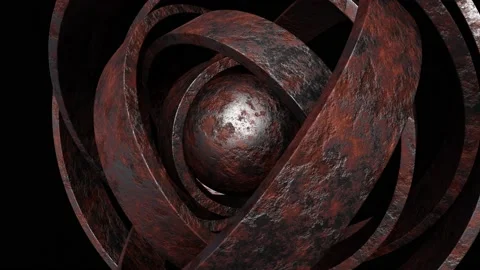 Rusty silver metal rings around weathered steel sphere looping 3D animation Stock Footage 207446524