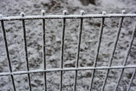 Rusty square-headed, square mesh, cage decorated with snow, hoarfrost. Stock Photos