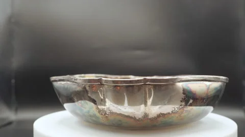 Rusty stained silver bowl as an object of flatware decoration, vintage crockery Stock Footage 155223902
