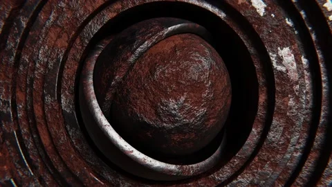 Rusty steel sphere inside of two hemispheres with moving corroded metal rings Stock Footage 222647608