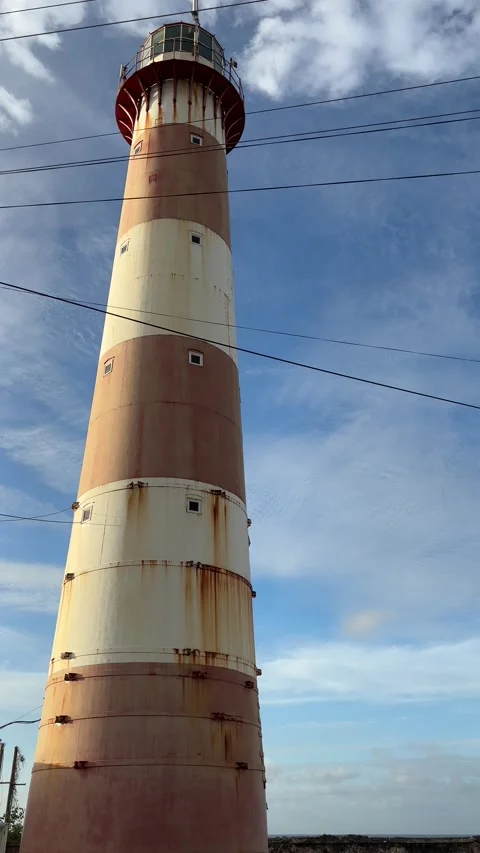 Rusty Striped Lighthouse Tower Against Blue Sky Barbados Caribbean Stock-Footage 337109065