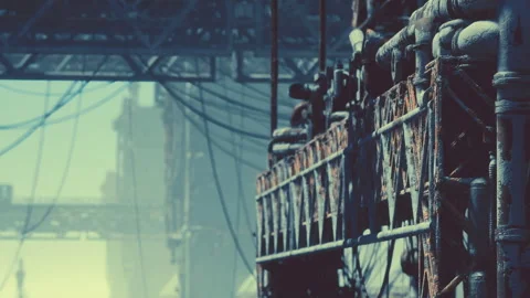 Rusty Structures and Tangled Wires in a Dilapidated Industrial Setting Stock Footage 344954605