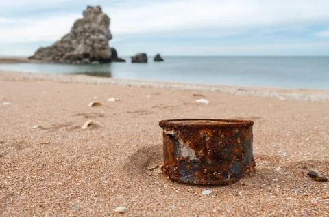 Rusty tin can on the beach 库存照片