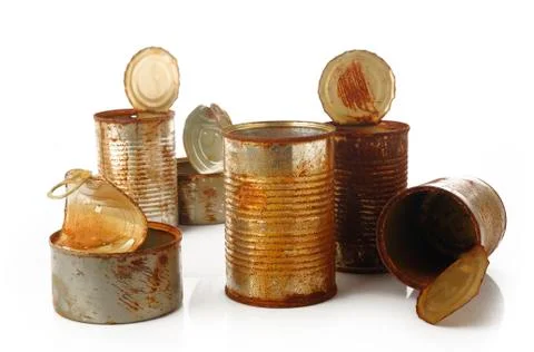 Rusty tin can on white background Foto stock