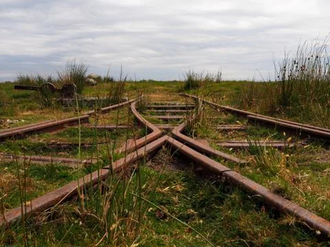 Rusty track and points of the remote disused Rowtor Target Railway, Dartmoor Foto stock