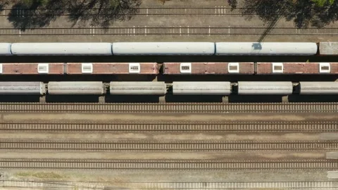 Rusty train rails top shot view. Texture railway tracks. Video stock 153959837