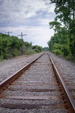 Rusty Train Tracks with Power Lines and Green Foliage in Portrait View Stock Photos