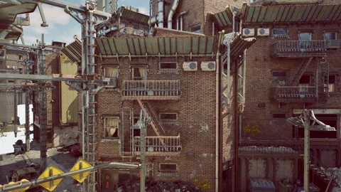 Rusty trucks and brick structures in quiet industrial setting Video stock 331396027