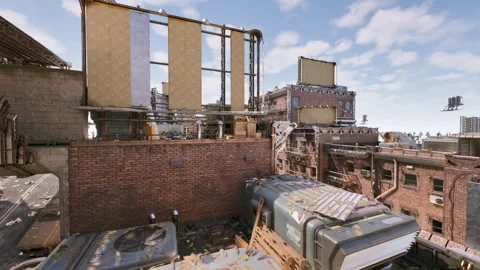 Rusty trucks and brick structures in quiet industrial setting Video stock 331400748