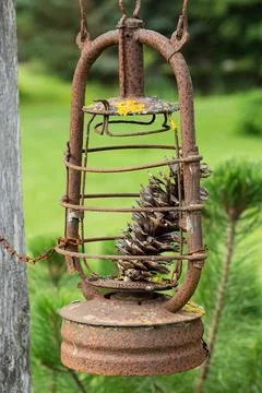 Rusty vintage lantern with pinecone. Old metal lamp used as rustic garden d.. Фото