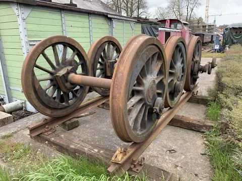 Rusty Vintage Train Wheels on Platform Stock Photos