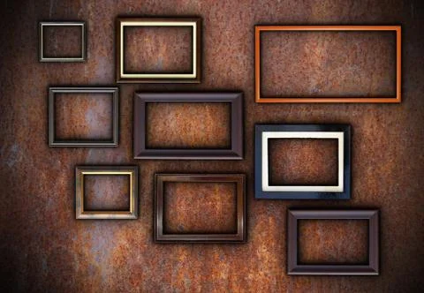 Rusty wall full of empty frames ready for your design Illustrazione stock