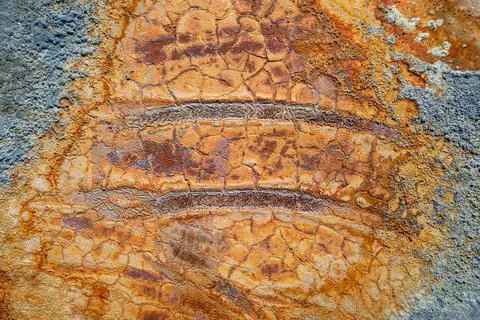 Rusty wheel tracks in dried pool mud, colorful texture of abandoned mine Stock Photos