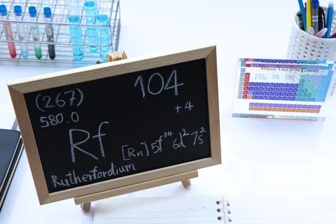 Rutherfordium and symbol structural formula chemical on the blackboard 写真素材