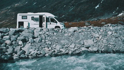 RV Camper Van Riverside Boondocking Somewhere in Norway Stock Footage 254428625