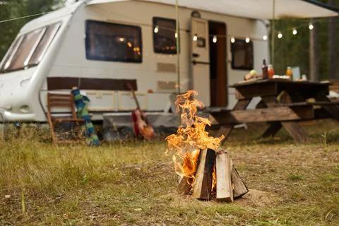 RV Camping Site with Bonfire Stock Photos