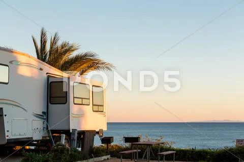 Rv motorhome camping in winter on coast of California Stock Photos