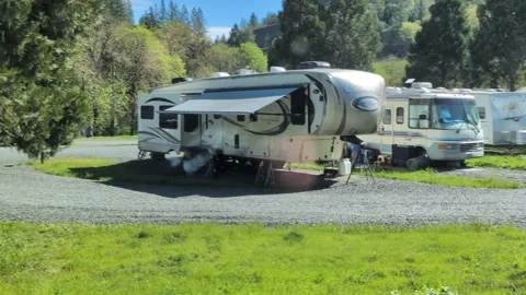 RV trailer park with rows of recreational vehicles Vídeos de archivo 334583297