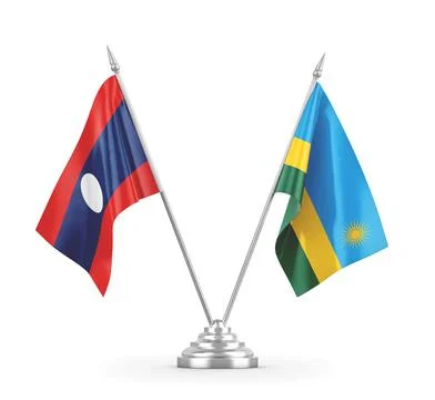 Rwanda and Laos table flags isolated on white 3D rendering. Stock Illustration