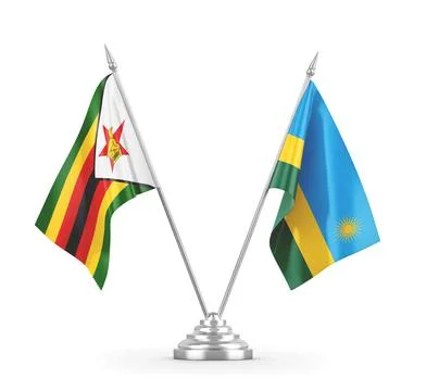 Rwanda and Zimbabwe table flags isolated on white 3D rendering Stock Illustration