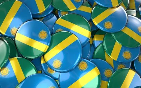 Rwanda Badges Background - Pile of Rwanda Flag Buttons. Illustrazione stock