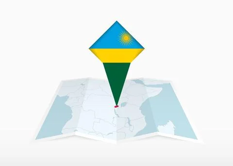 Rwanda is depicted on a folded paper map and pinned location marker with fl.. Stock Illustration
