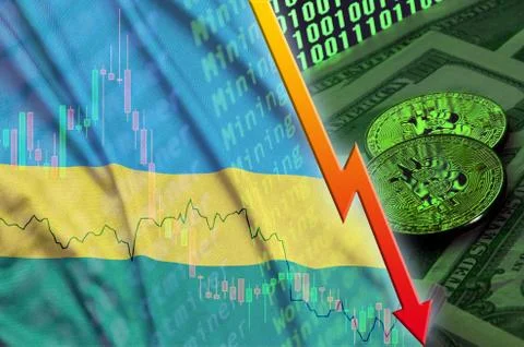 Rwanda flag and cryptocurrency falling trend with two bitcoins on dollar bill Foto stock