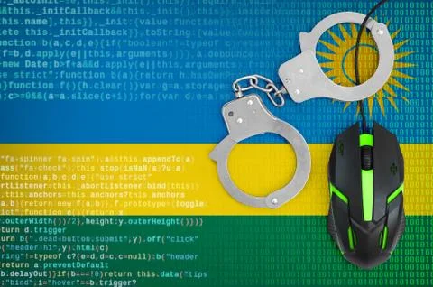 Rwanda flag  and handcuffed computer mouse. Combating computer crime, hackers Stock-Fotos