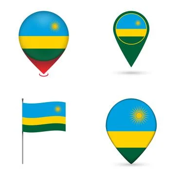 Rwanda Flag Map Pin Icons Set Collection. Stock Illustration