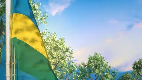 Rwanda hanging flag with trees and sky for anthem day - object 3D rendering Stock Illustration