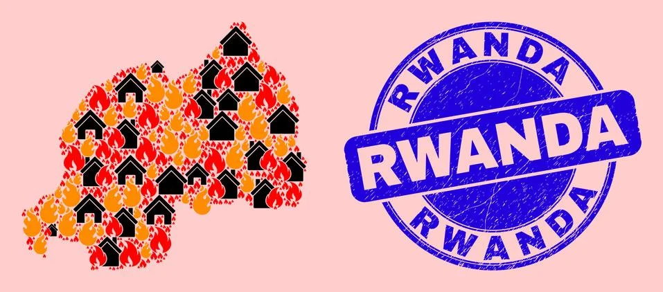 Rwanda Map Collage of Fire and Buildings and Grunge Rwanda Seal Ilustración de archivo
