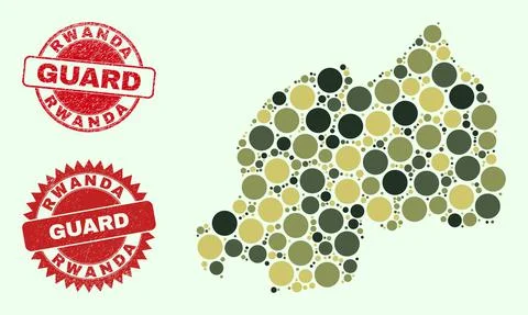 Rwanda Map Composition with Camo Military Circle Items with Distress Guard Seal Stock Illustration