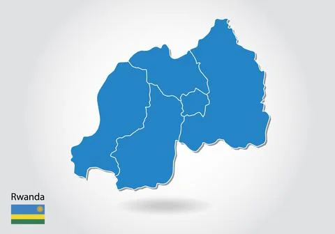 Rwanda map design with 3D style. Blue Rwanda map and National flag. Simple ve Stock Illustration